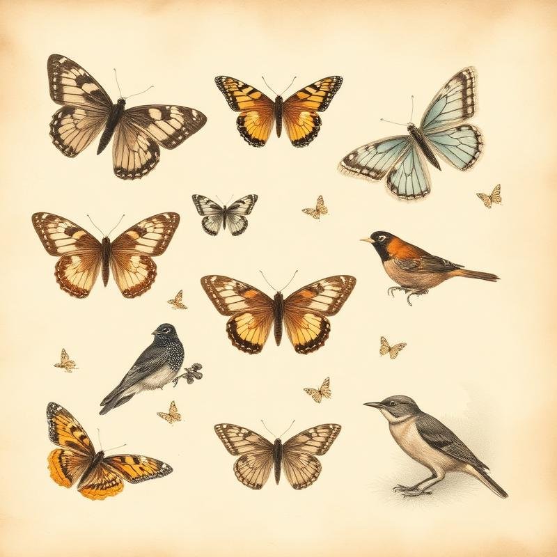 Vintage butterfly and bird illustrations